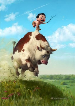 running cow and kid Fantasy Oil Paintings